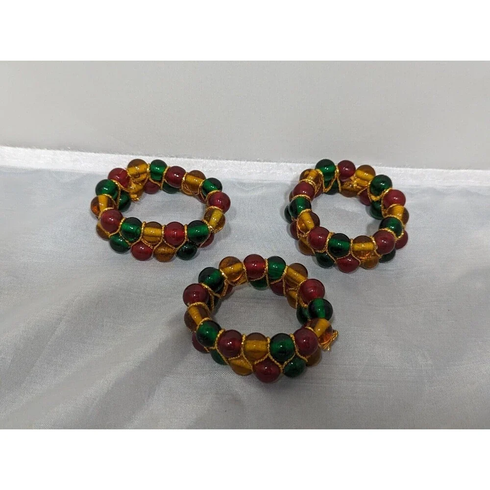 Amber Colored Red Green Gold Beaded Wire Set of 3 Napkin Rings